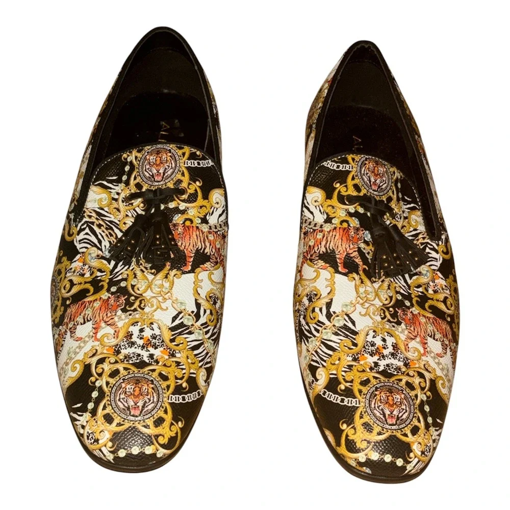 Aldo Mens Baroque Tiger Print Tassel Loafers Black Gold Slip On Shoes Size 10